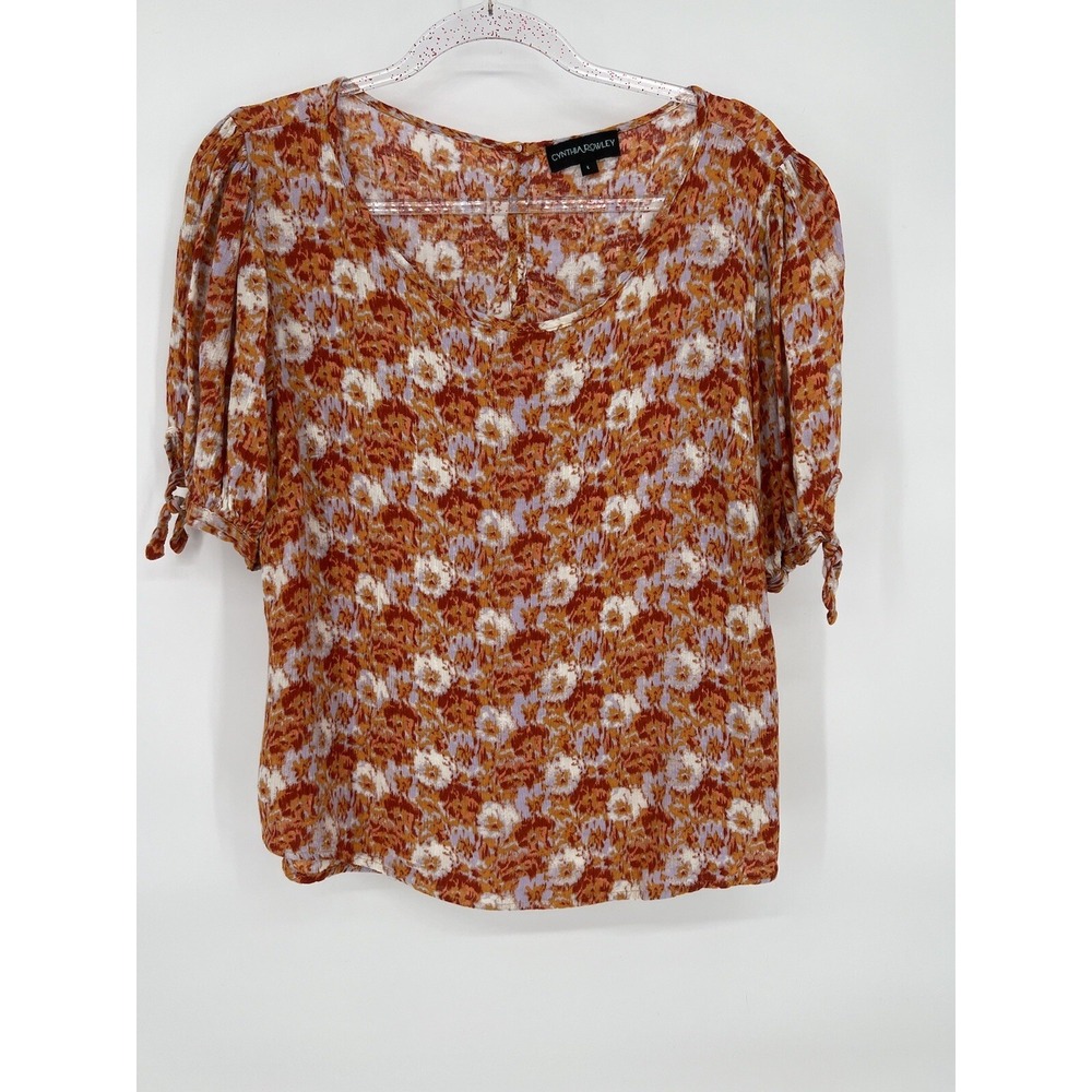 CYNTHIA ROWLEY Blouse Top Short Sleeve Orange‎ White Button Up Back Womens Sz L